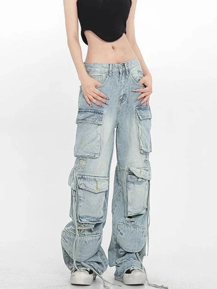 Light Blue Cargo Pants Women High Waisted Jeans Full Length Ripped