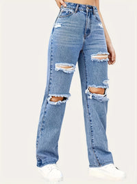 Thumbnail for Blue Ripped Baggy Straight Jeans, Slash Pockets Distressed High Waist