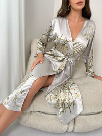 Thumbnail for Floral Print Night Robe  Elegant Long Sleeve V Neck Robe With Belt