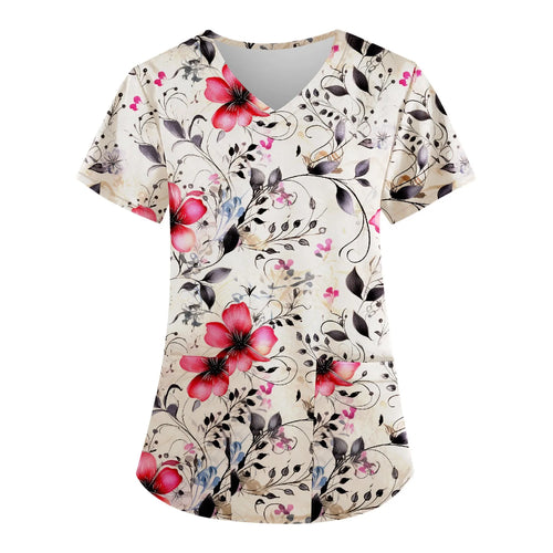 Floral Print Scrubs Tops Pet Grooming Uniforms Short Sleeve V Neck