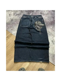 Thumbnail for 2024 High Street Embroidered New Skull Jeans Y2K Washed Gothic High