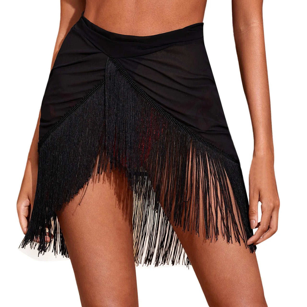 Women Beach Bikini Cover Up Lace Up Mesh Wrap Skirt Tassel Sarong