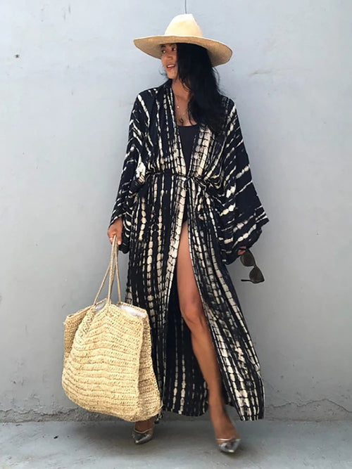 Fitshinling Tie Dye Cotton Beach Kimono Swimwear Bohemian Oversized