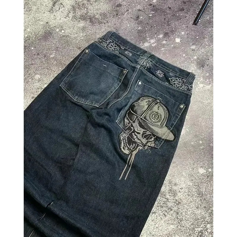 2024 High Street Embroidered New Skull Jeans Y2K Washed Gothic High