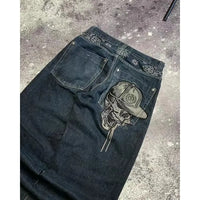 Thumbnail for 2024 High Street Embroidered New Skull Jeans Y2K Washed Gothic High