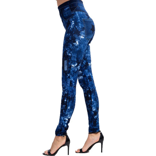 Women Leggings Faux Denim Jeans Pants With Pocket Slim Leggings Leaf