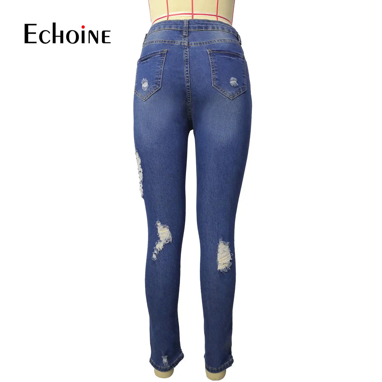 Echoine Spring Fashion Women Solid High Waist Skinny Pencil  Ripped