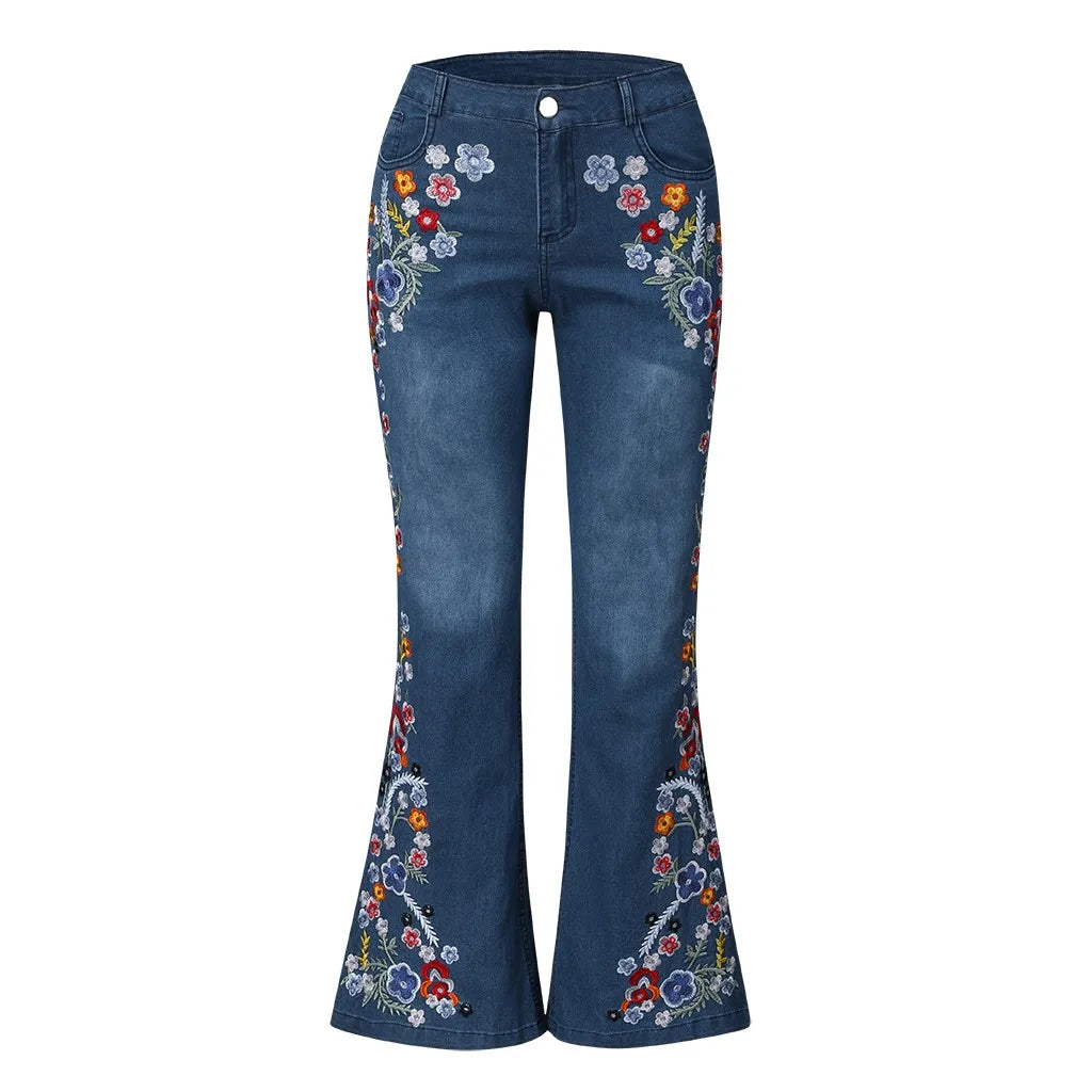 Blue Jeans Women Stretch Floral Embroidered Flared Jeans Fashion High