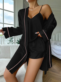 Thumbnail for Simple Satin Pajama Set Long Sleeve Belted Robe  V Neck Cami Top And