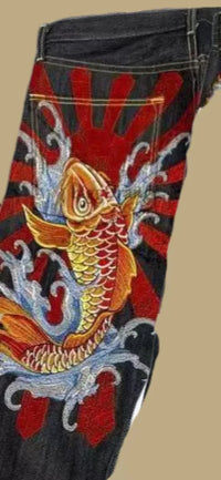 Thumbnail for Japanese hip-hop Brocade carp printed jeans same style couple washed