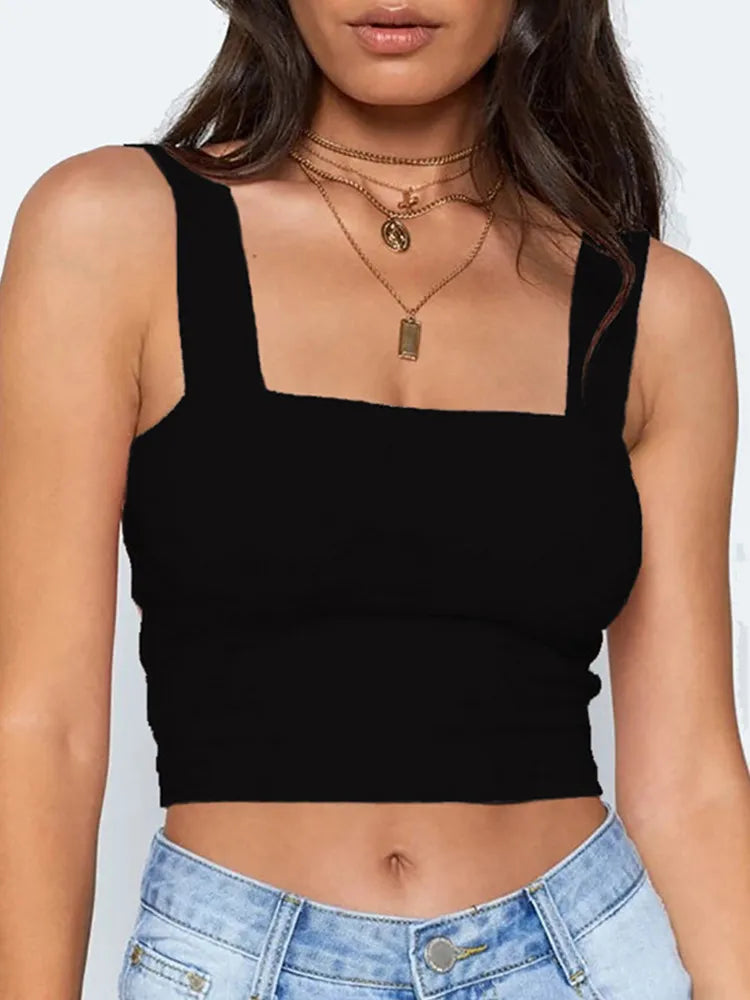 Square Neck Sleeveless Summer Crop Top White Women Black Casual Basic