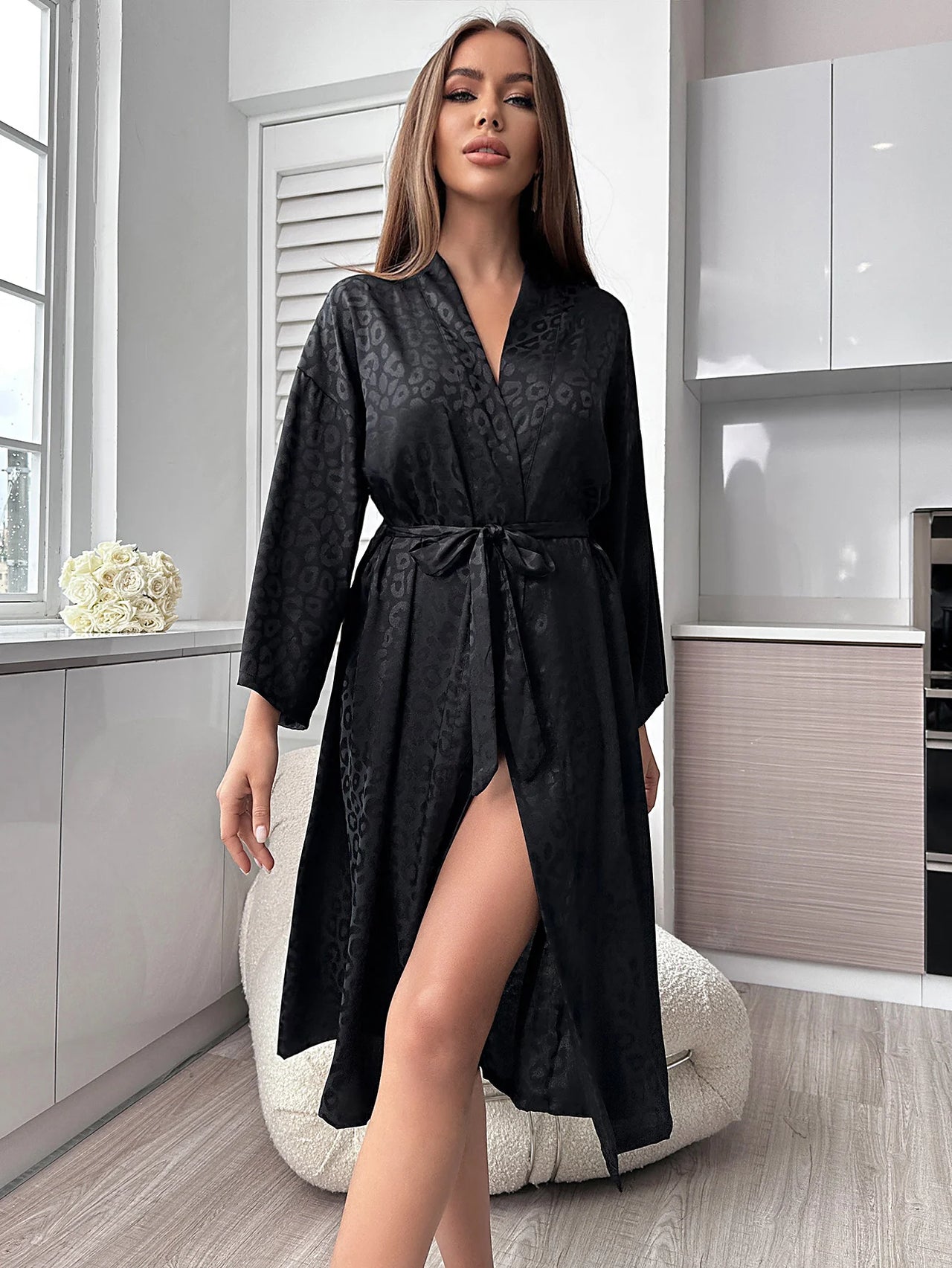 Leopard Print Night Robe Long Sleeve V Neck Robe With Belt  Women's