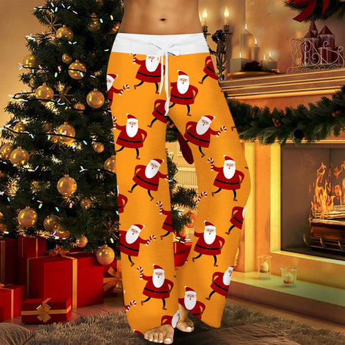 Christmas Printed Pants Women Vintage Elastic High Waist Drawstring