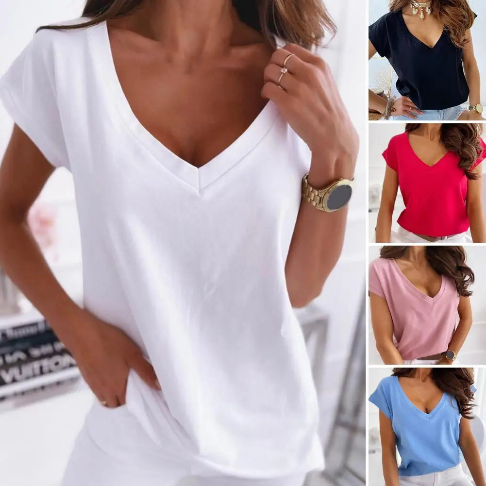 V-Neck Women's Sexy T-shirts Short Sleeve Breathable Simple White Tops