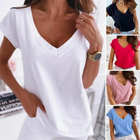 Thumbnail for V-Neck Women's Sexy T-shirts Short Sleeve Breathable Simple White Tops