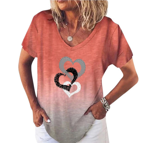 Women's T-Shirts Gradient Love Print Tops V Neck Fashion Female