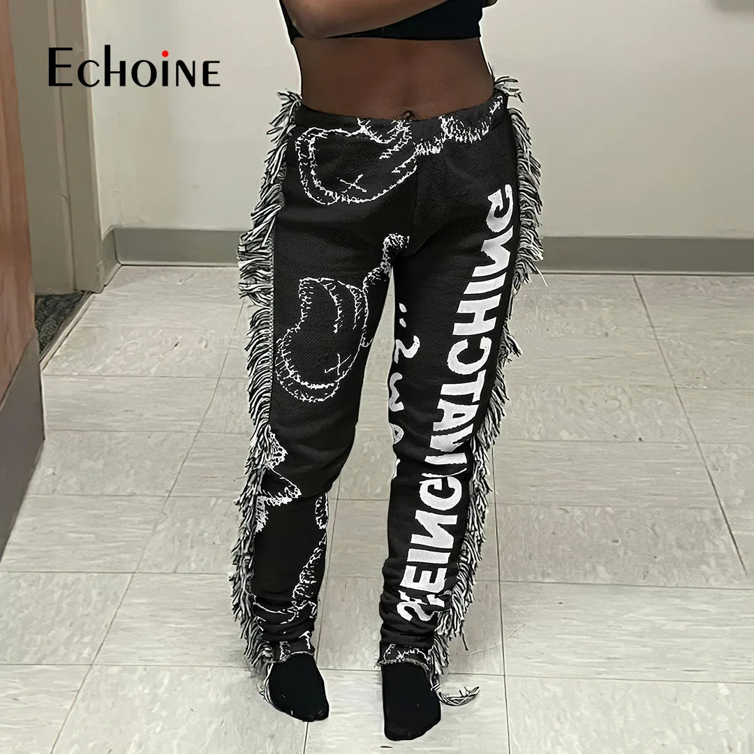 Echoine Women Print Side Tassel Autumn Pants High Waist Activewear