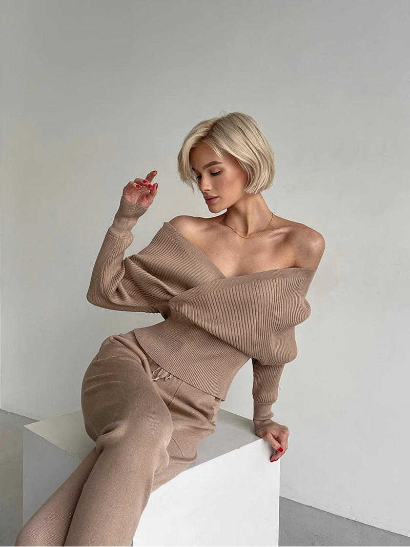 Sexy Off Shoulder Knitted Two Piece Set Women Long Sleeve Sport