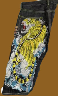 Thumbnail for Japanese hip-hop Brocade carp printed jeans same style couple washed