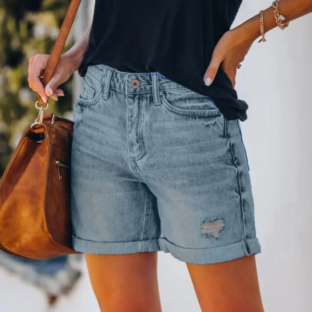 Women's Denim Shorts Summer Casual Denim High Waisted Folded Hem Jeans