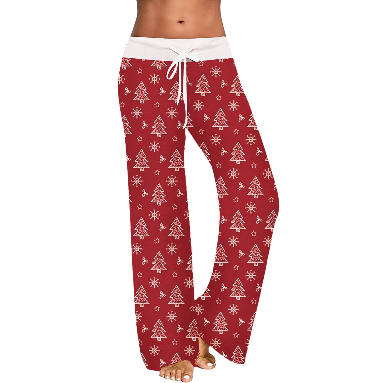 Christmas Printed Pants Women Vintage Elastic High Waist Drawstring