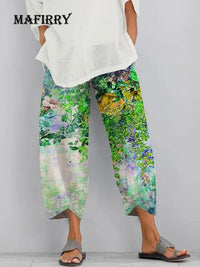 Thumbnail for Women Trousers Straight Wide Leg Pants Summer Green Print Streetwear