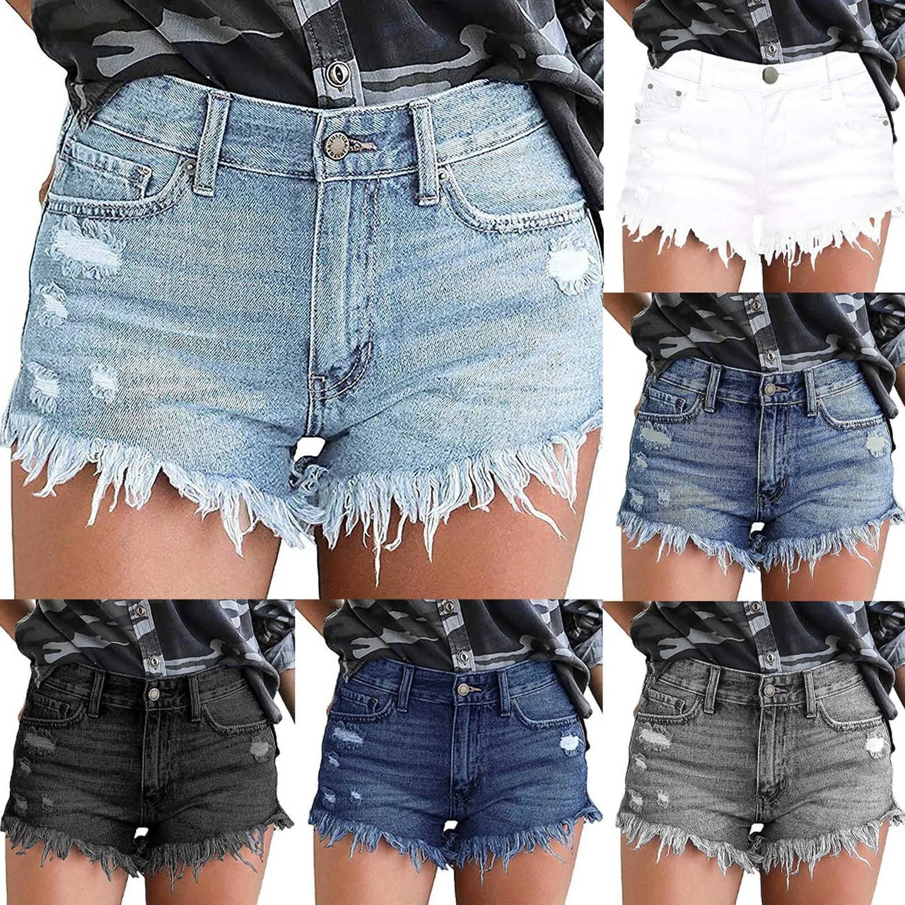 Women's High Waisted Denim Shorts Summer Pocket Ripped Hem Frayed