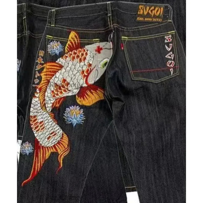 Japanese hip-hop Brocade carp printed jeans same style couple washed