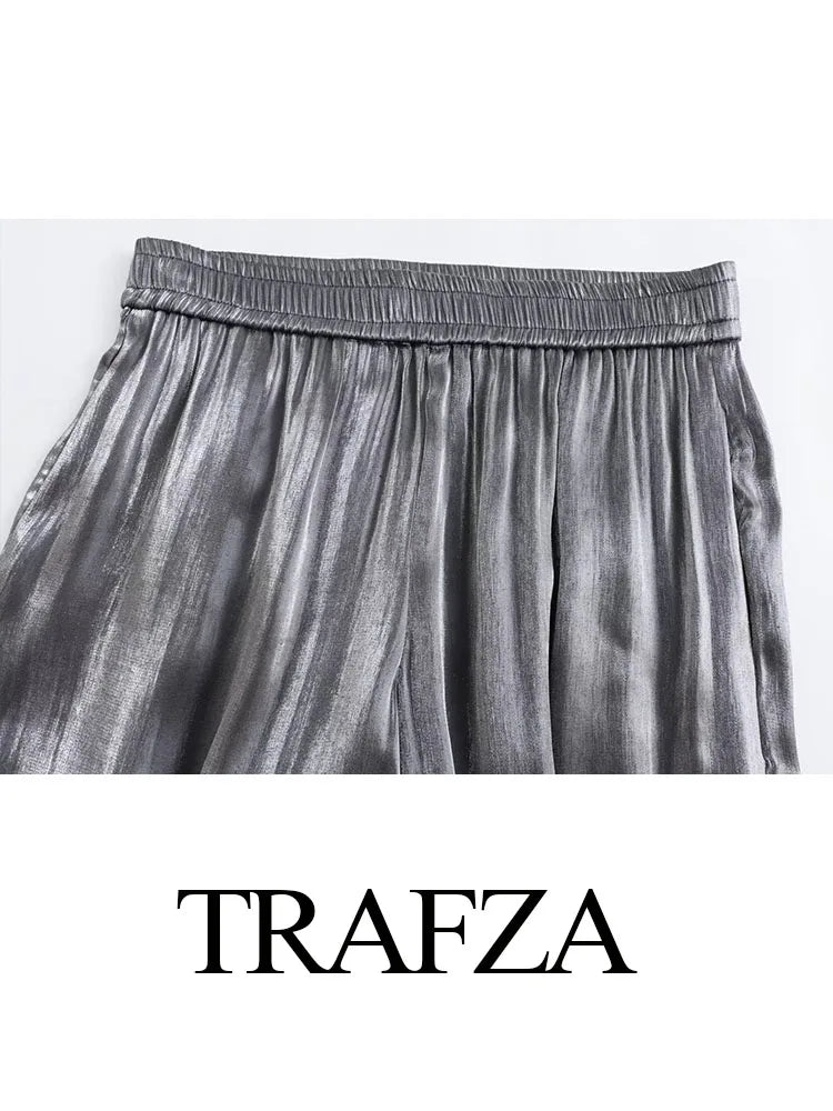 TRAFZA Autumn Elegant Woman Metal Color Loose Pants High Waist Casual