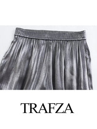 Thumbnail for TRAFZA Autumn Elegant Woman Metal Color Loose Pants High Waist Casual