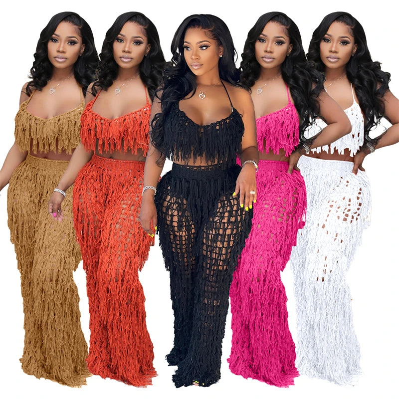 Hollow Out Hand Crochet Tassel 2 Piece Sets Women Sexy Summer Beach