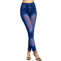 Thumbnail for Fashion Stripe Printed Imitation Denim Leggings Elastic Slim HipTight