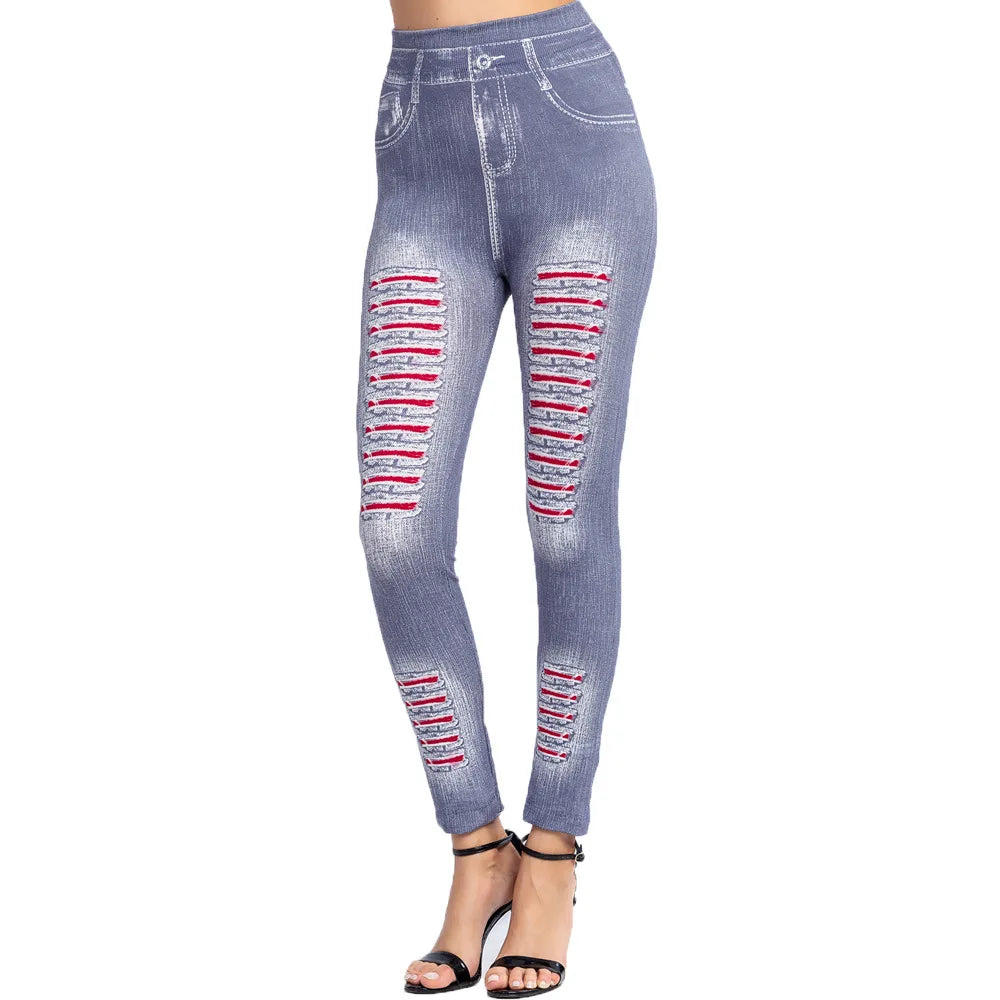 Fashion Stripe Printed Imitation Denim Leggings Elastic Slim HipTight