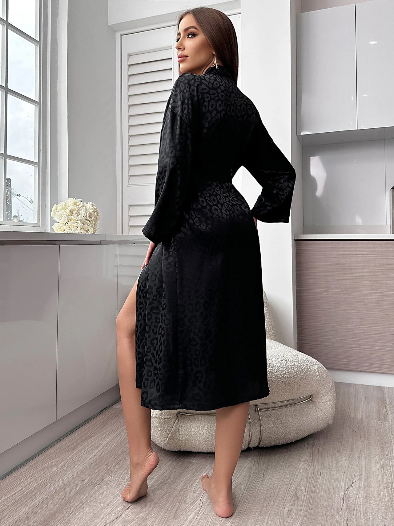 Leopard Print Night Robe Long Sleeve V Neck Robe With Belt  Women's