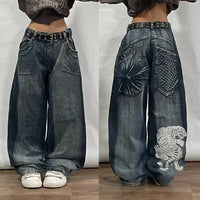 Thumbnail for Y2k Street Casual Hip Hop Punk Crown Fashion Print Baggy Blue Jeans