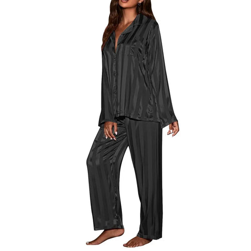 Women's striped pajama set, solid French silk satin pajamas, two piece