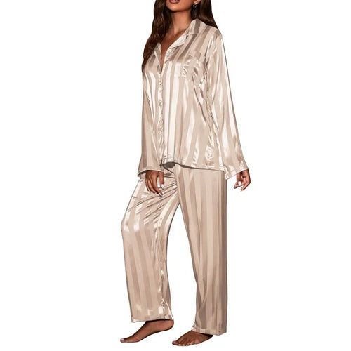 Women's striped pajama set, solid French silk satin pajamas, two piece