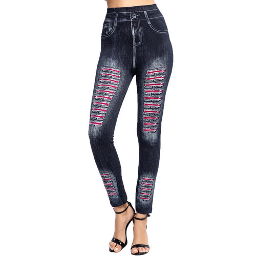 Fashion Stripe Printed Imitation Denim Leggings Elastic Slim HipTight