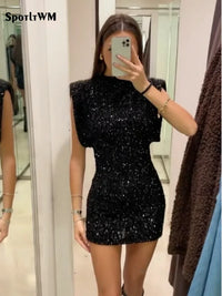 Thumbnail for Silm Shoulder Pads Sequin Mini Dress For Woman Elegant Round Neck