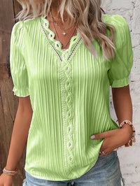 Thumbnail for Women's Shirt Blouse yellow-green Violets White Plain Lace Short