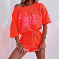 Thumbnail for Print Letter Two Piece Sets Women Round Neck Tops Short Sleeve Lace Up