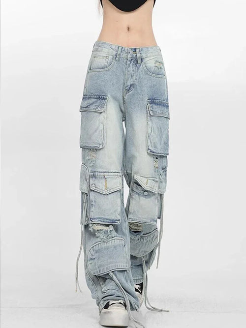 Light Blue Cargo Pants Women High Waisted Jeans Full Length Ripped