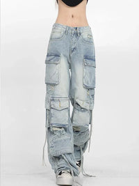 Thumbnail for Light Blue Cargo Pants Women High Waisted Jeans Full Length Ripped