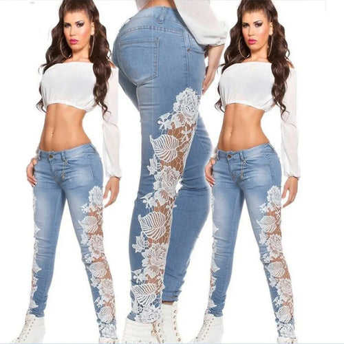 Streetwear Jeans Long Pants Denim Lace Hollow Out Floral Appliques