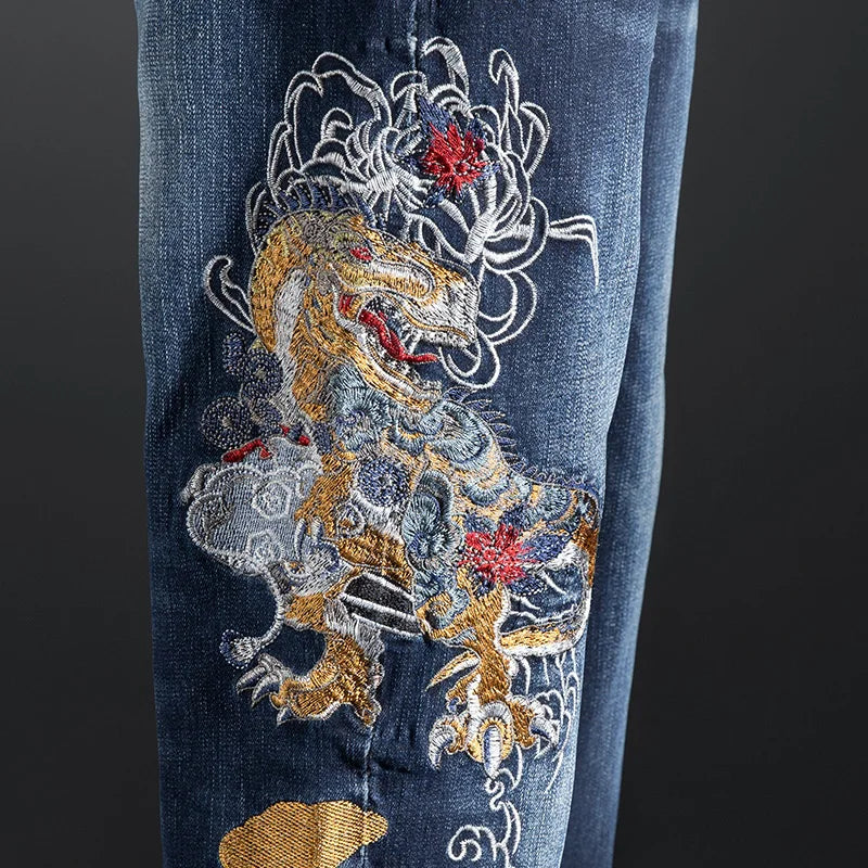 Elastic Embroidered Jeans Men's Frayed Baggy Straight Denim Pants Plus