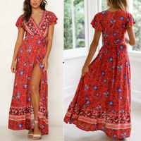 Thumbnail for Womens Wrap Style V Neck Floral Maxi Dress