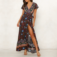 Thumbnail for Womens Wrap Style V Neck Floral Maxi Dress