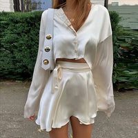 Thumbnail for White Elegant Satin 2 Two Piece Set Women Lantern Long Sleeve Crop