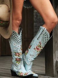 Thumbnail for 2023 New Flower Embroidered Rivet Western Cowboy Boots Women Pointed