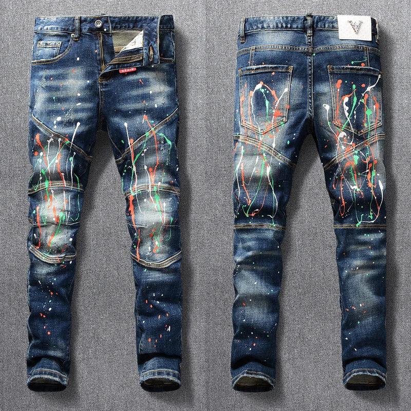 Street Fashion Men Jeans Retro Blue Stretch Slim Fit Painted Ripped